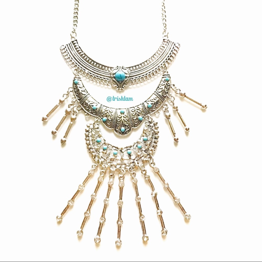 🔴🆕Boho turquoise stone festive silver necklace