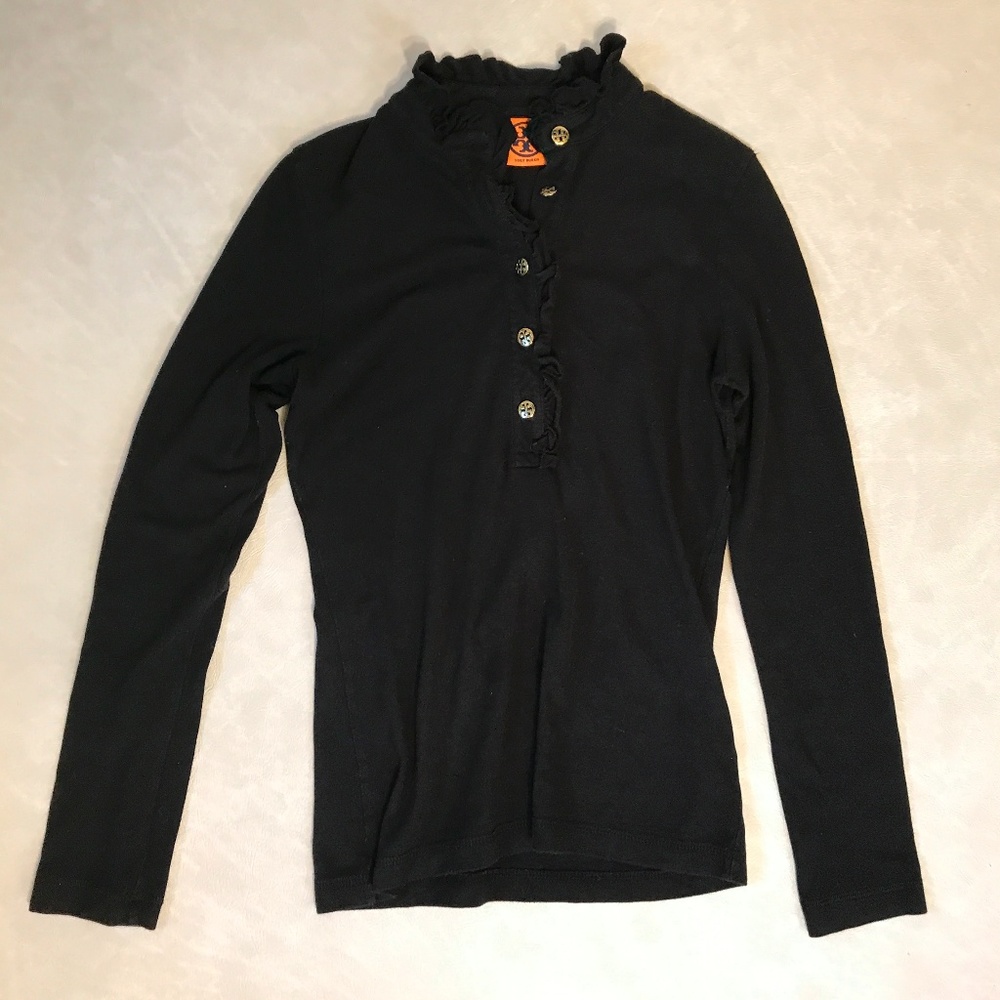 tory burch lidia ruffle polo long sleeve black