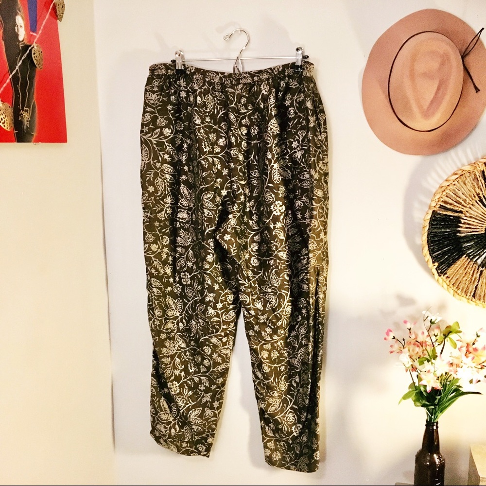 Joggers, Silk Cropped Olive and Tan Floral Boho