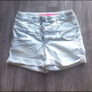 High-waisted light-wash denim shorts