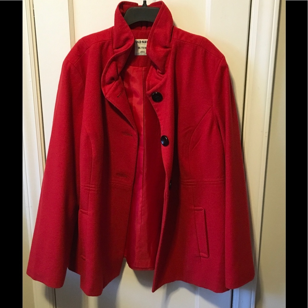 Red ruffled neck pea coat