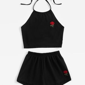 TWO PIECE rose embroidered shorts & halter top set