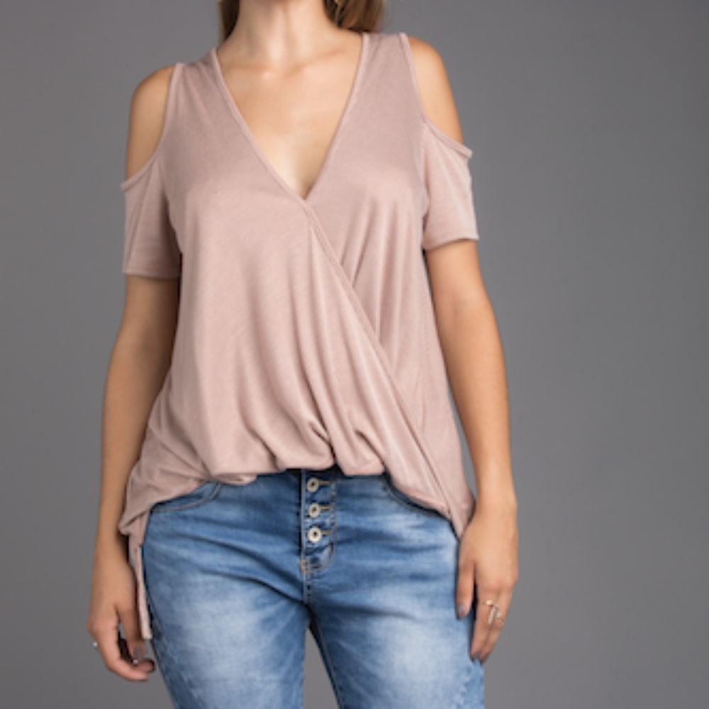 Cold Shoulder Surplice Top (LIGHT TAUPE)