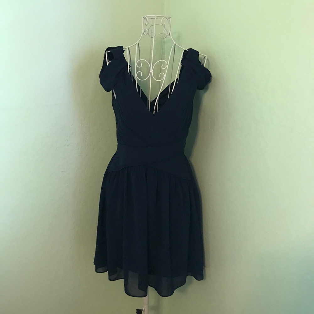 Minuet Navy Blue dress off the shoulder detail