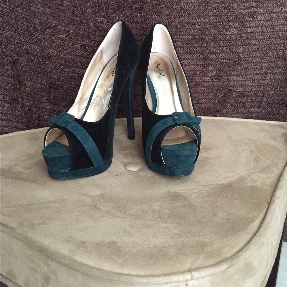 Black faux suede with dark teal accents