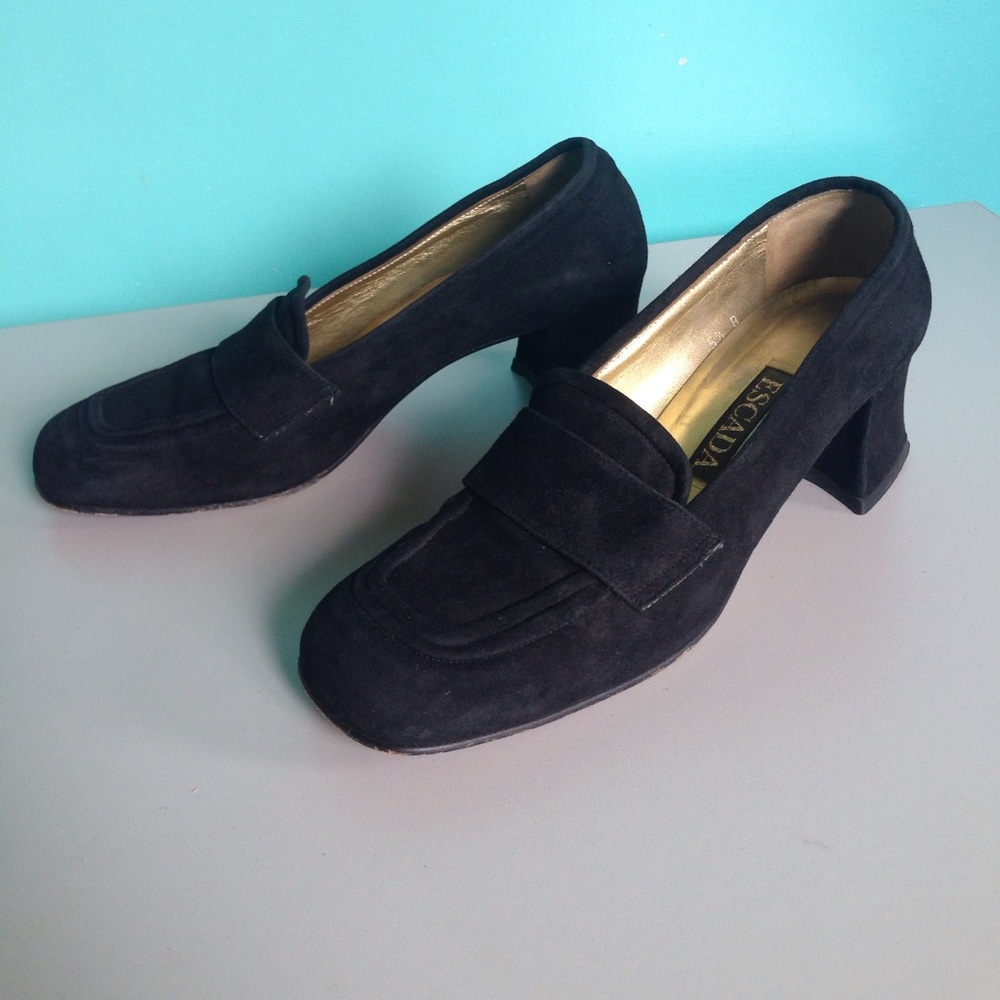 Escada Black Suede loafers with curvy heel. 5.5
