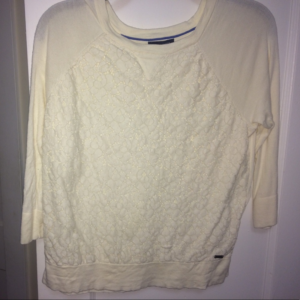 Off-white crew neck sweater with lace overlay