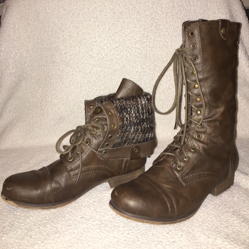 Brown Leather/Woven Combat Boots