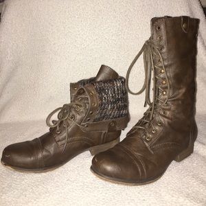 Brown Leather/Woven Combat Boots