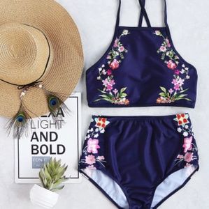 Navy and floral high waisted swimsuit bikini