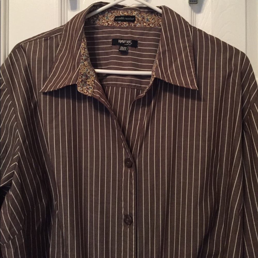 Brown button down blouse with white stripes