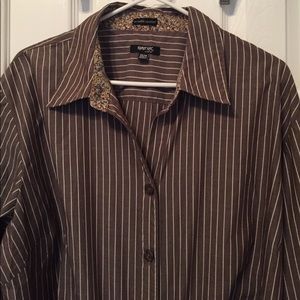 Brown button down blouse with white stripes