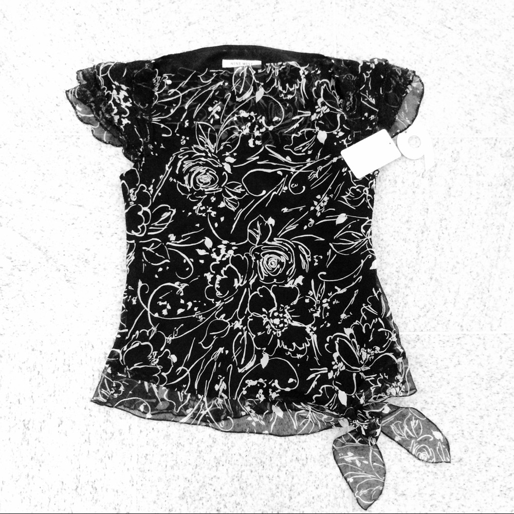 NEW Nine West 100% Silk Black Floral Top