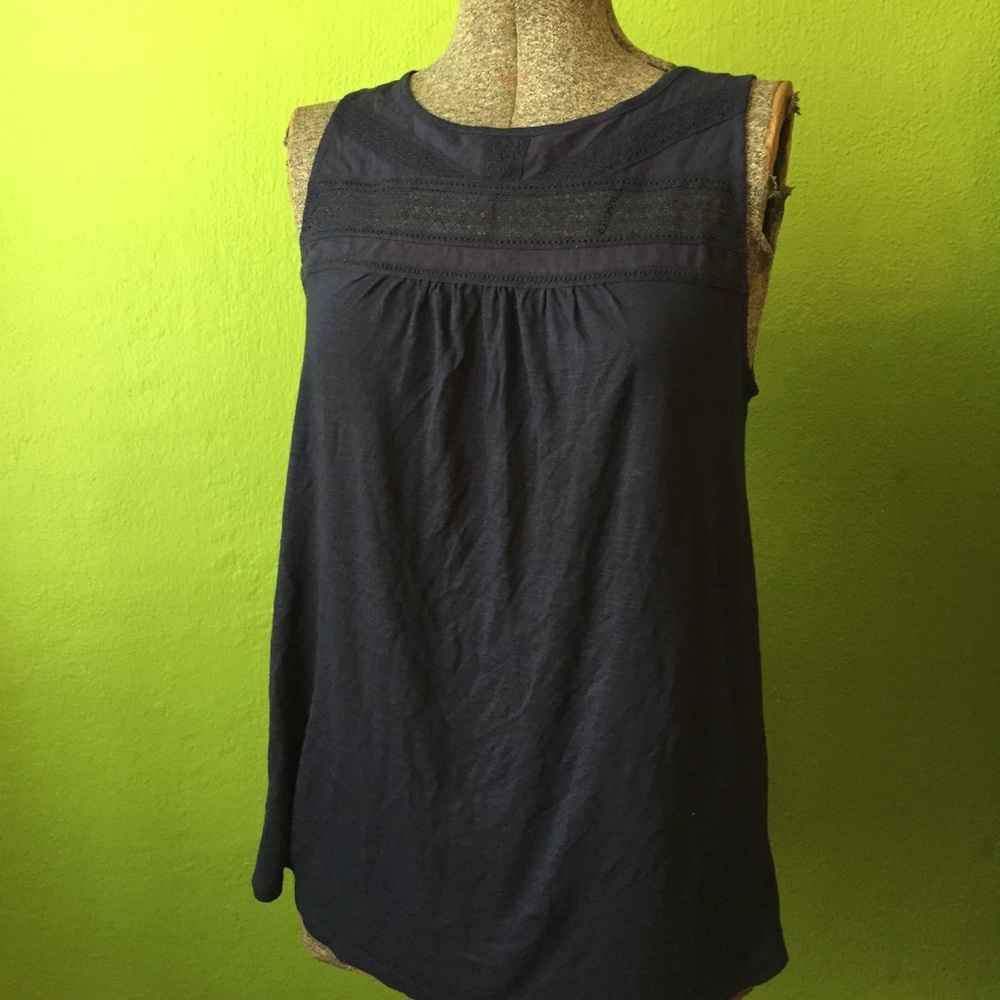 Navy sleeveless lace neck top