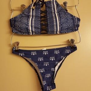 Navy blue bikini with white tribal print detail