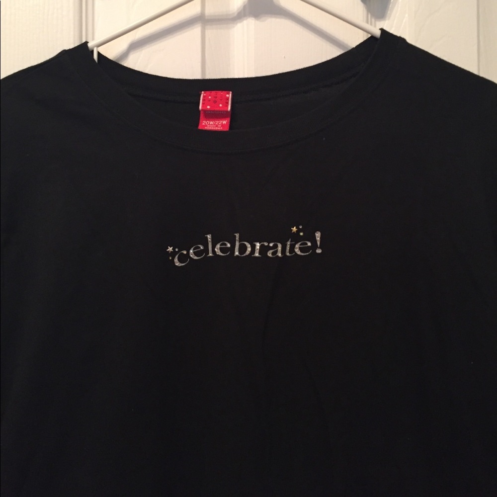 Black long sleeve tee with sequined "celebrate!"