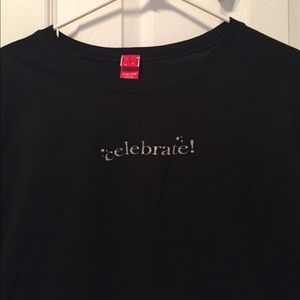 Black long sleeve tee with sequined "celebrate!"