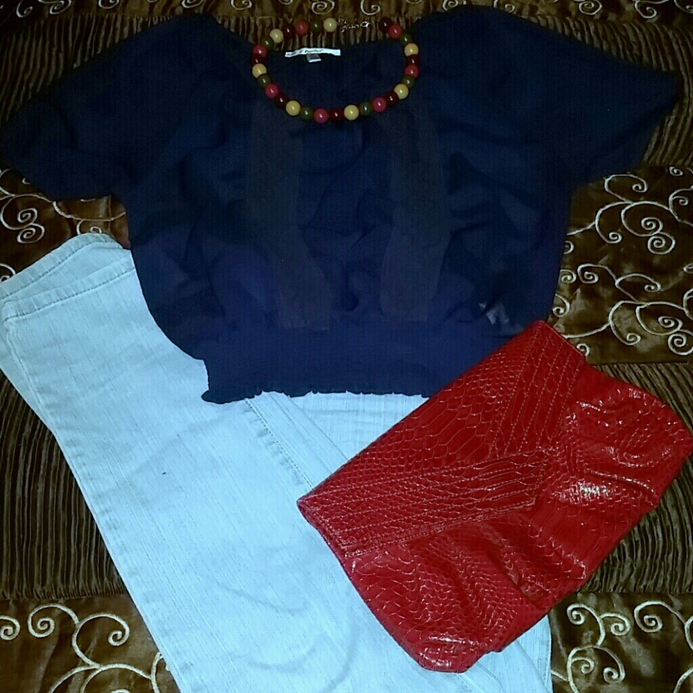 Papaya ruffled navy blue blouse