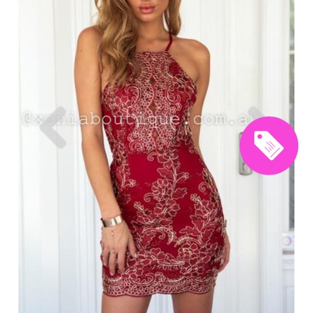 Tight red and gold embroidered dress