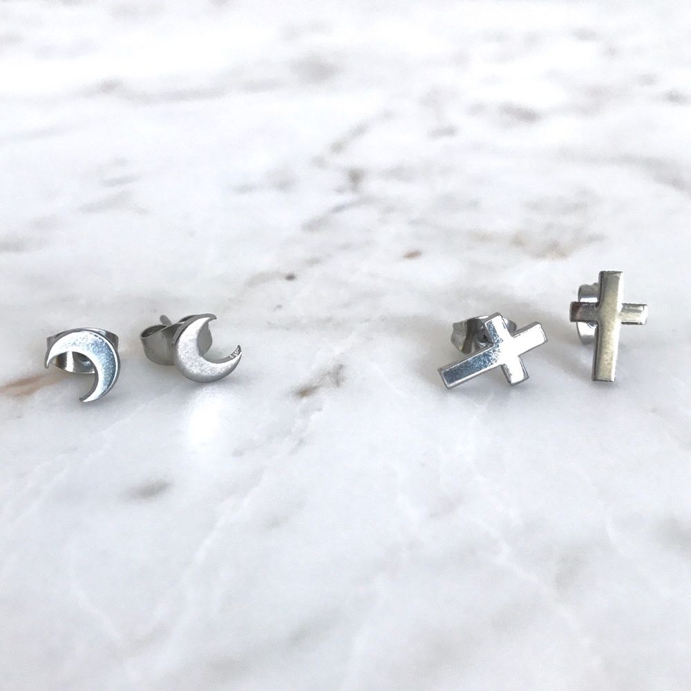 Crescent Moon & Cross Studs