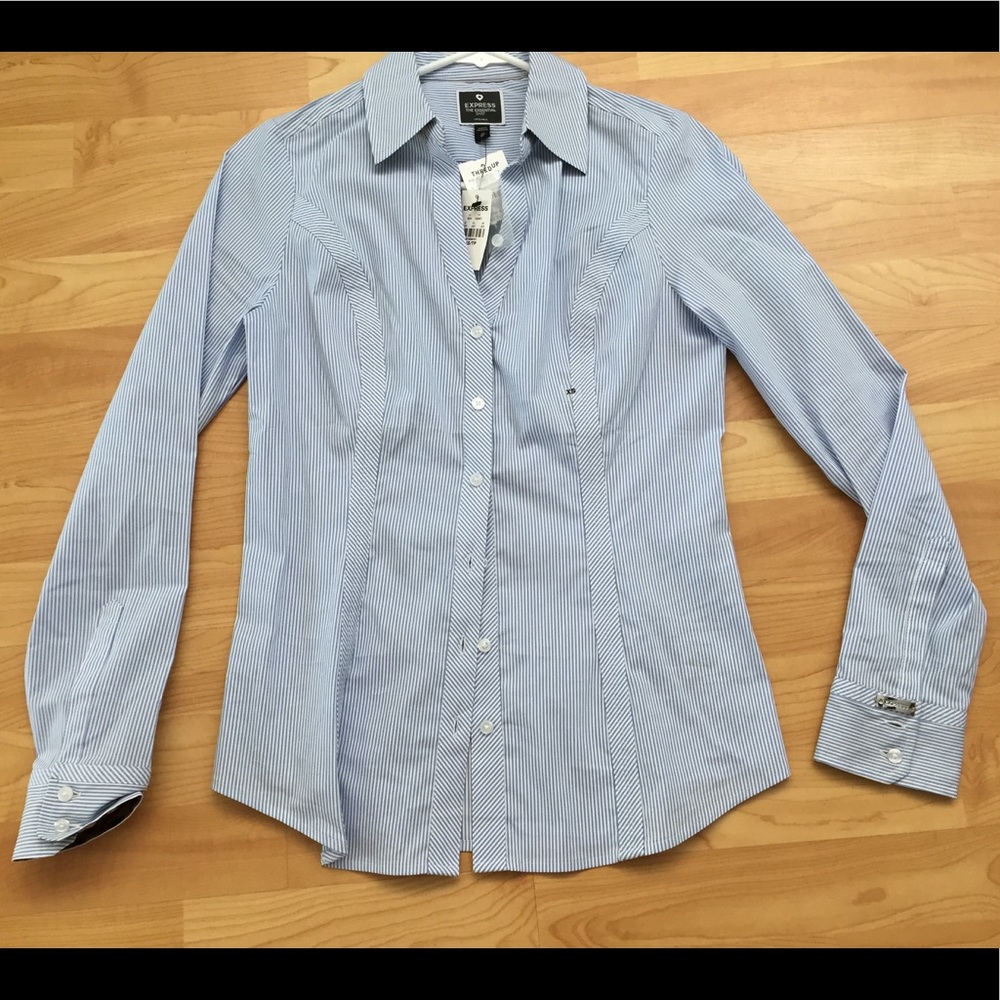 Express fitted light blue/white stripe button down