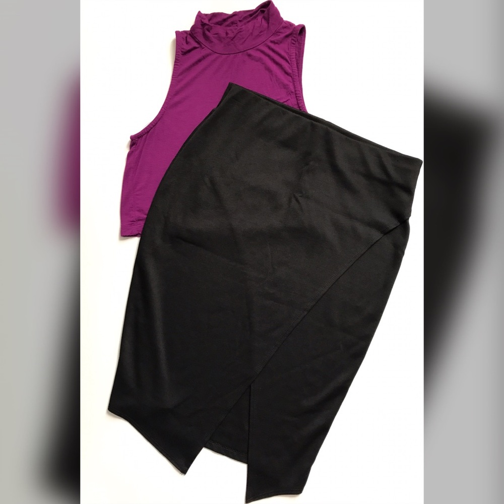 Purple crop top black skirt set