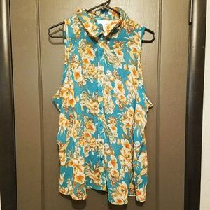 Plus Size Teal Floral Button Up Tank