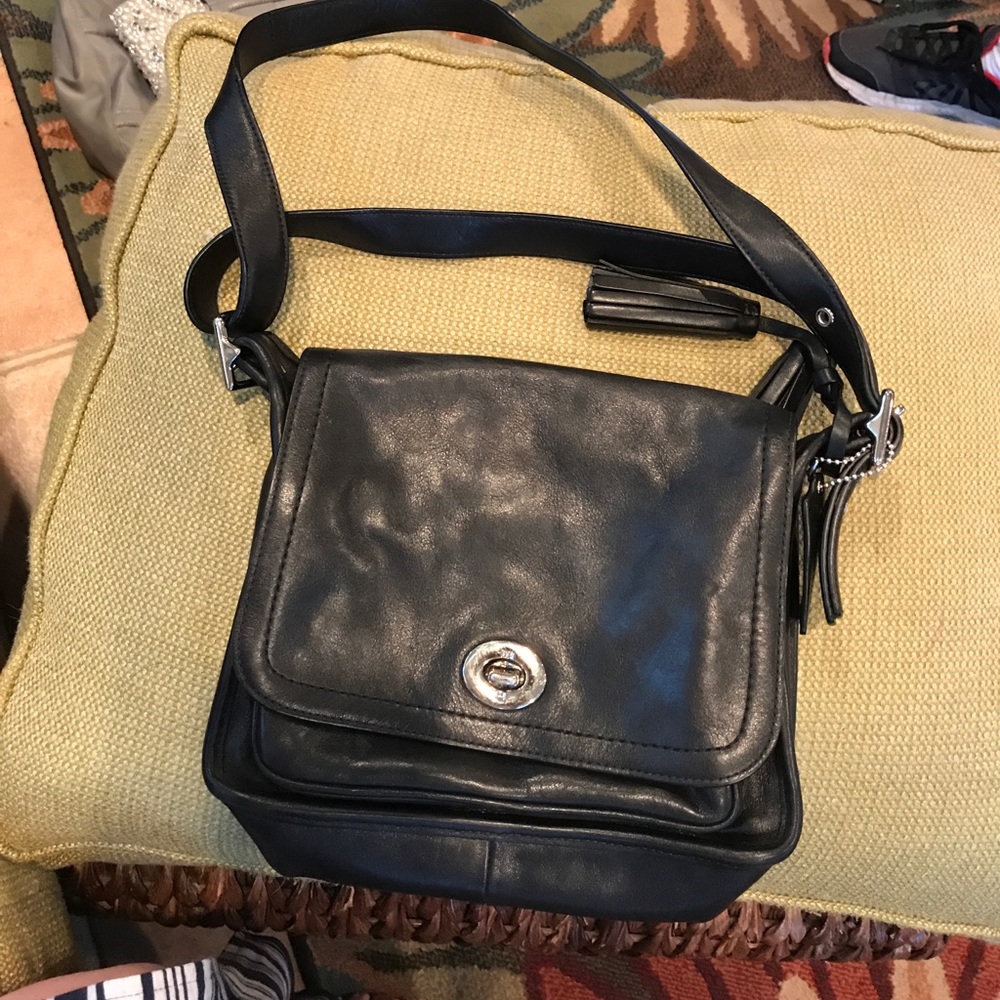 Coach Black Leather medium Tassle Cross Body Bag