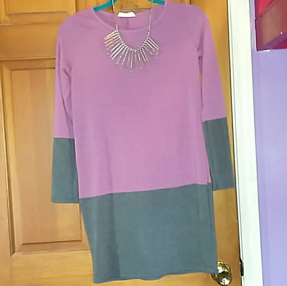 Purple and Gray Long Sleeve Cotton Dress