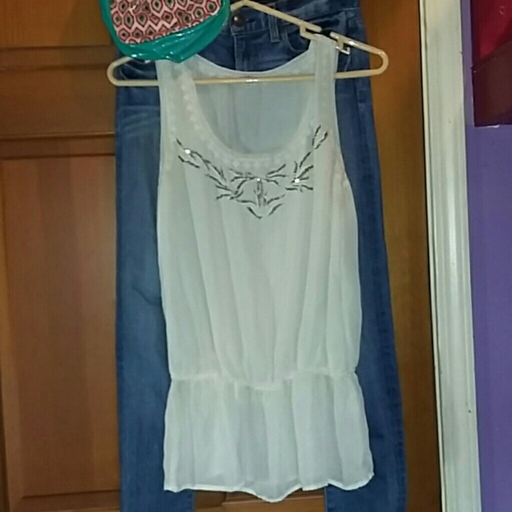 Cream Sleeveless Drop Waist Bead Embellished Top