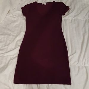 V Neck Cotton Bodycon Dress - Burgundy S