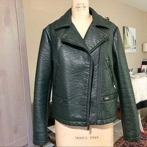 Faux Leather Moto Jacket, Forest Green, XL