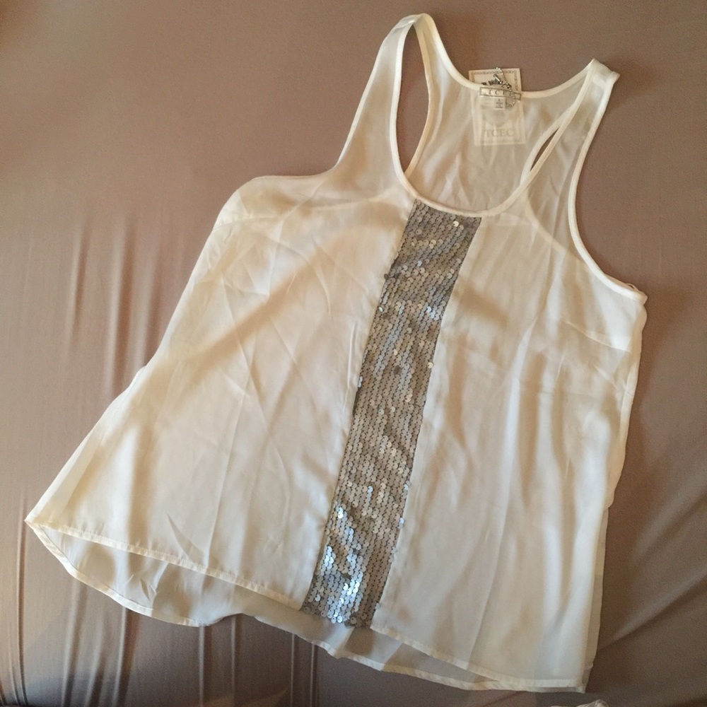 White silk camisole top with gray sequined details