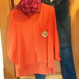Orange Long Sleeve Sheer Top