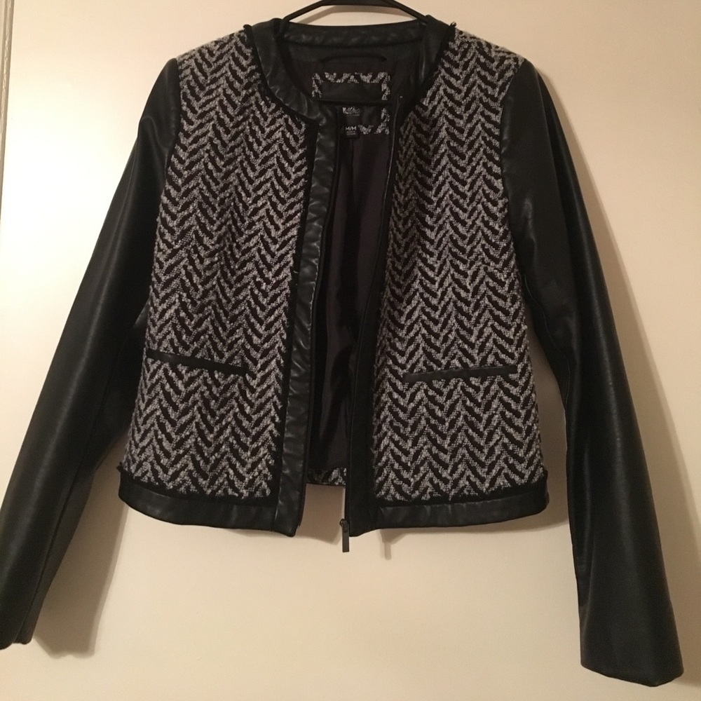 Black and white jacket with faux leather sleeves