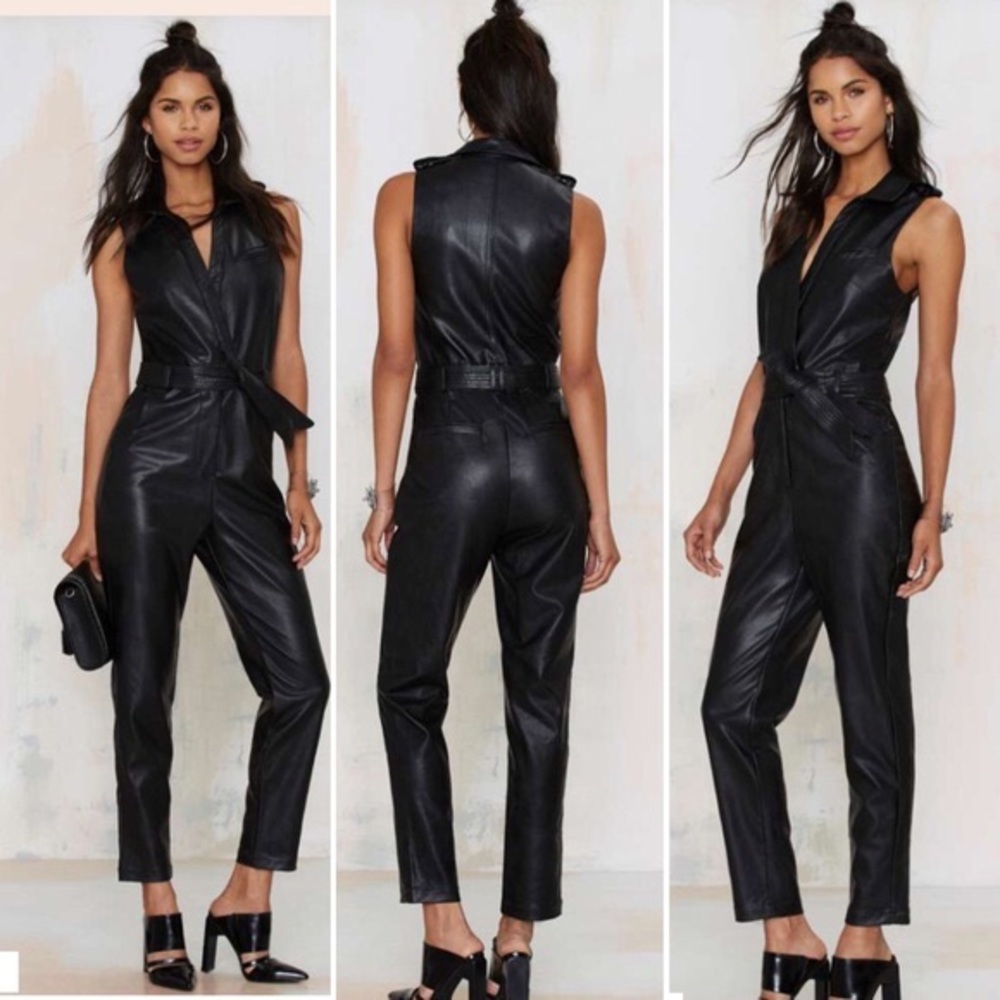 Nasty Gal slick chick faux leather plunge jumpsuit