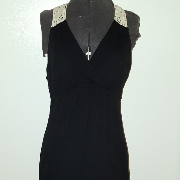 Elle Dresses & Skirts - Sexy Black V-Neck Dress Off-white Crochet Straps Elle Dresses & Skirts - Sexy Black V-Neck Dress Off-white Crochet Straps