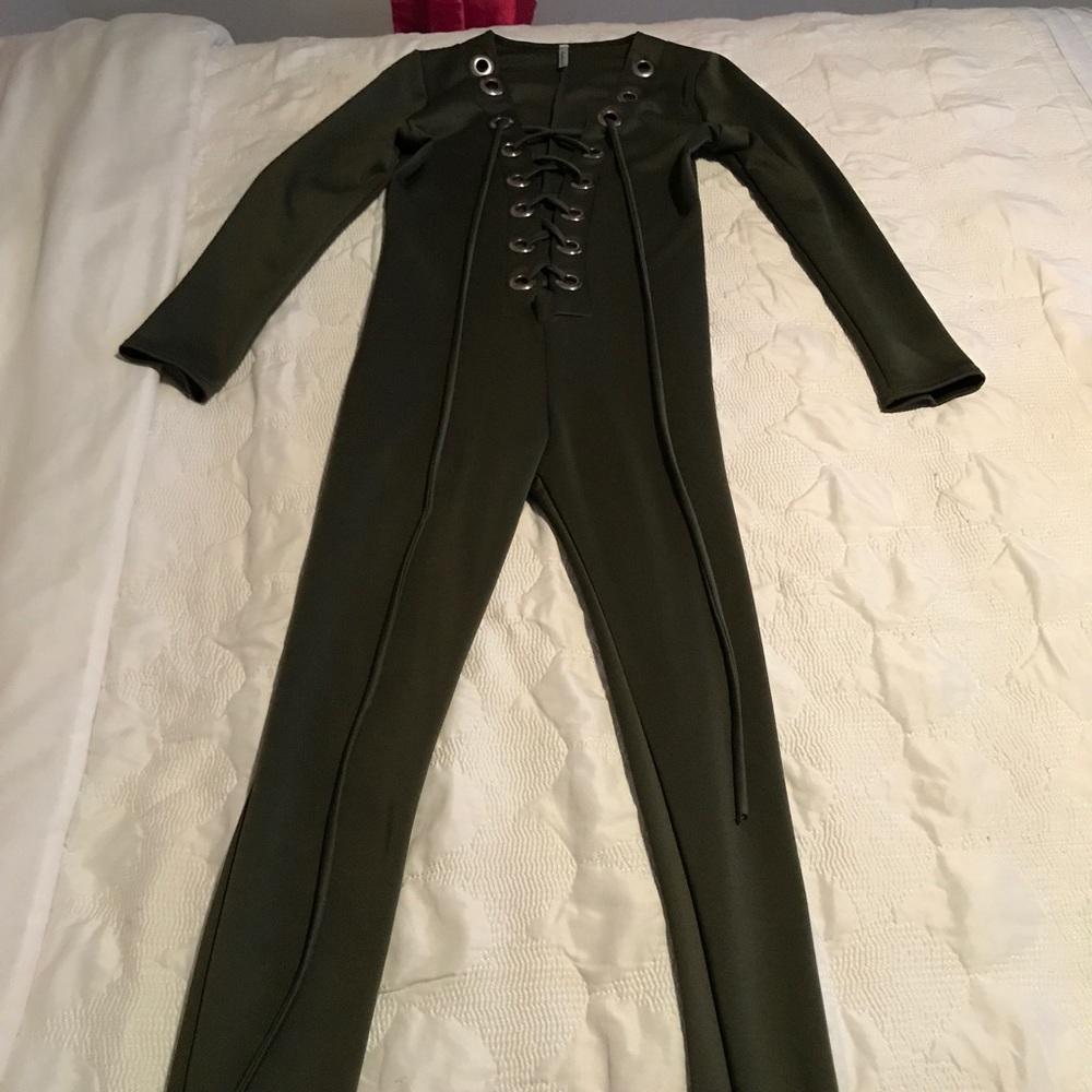 Olive green tie up catsuit