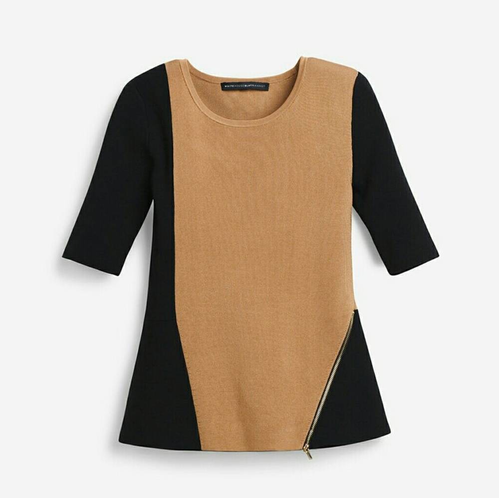 WHBM Zip detail  colorblock tan/Brown black top