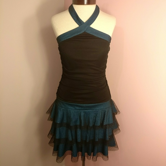 Black & Blue Sparkly 90s Halter Ruffle Dress