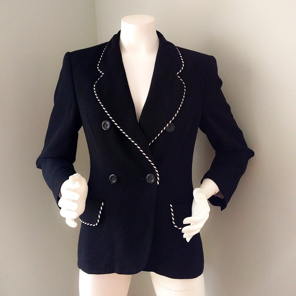 Vintage 1990s Laurel Escada Black White Trim Wool Blazer 36 S