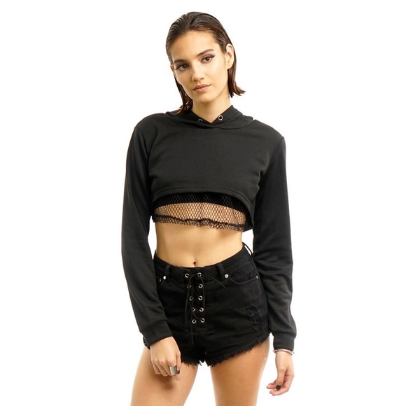 fishnet crop top hoodie