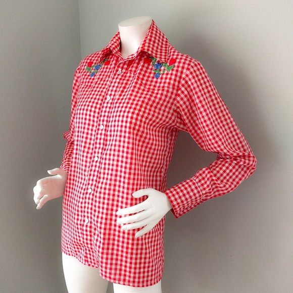 Vintage 1970s Handmade Red Gingham Floral Western Shirt S M v-day - Picture 3 of 6