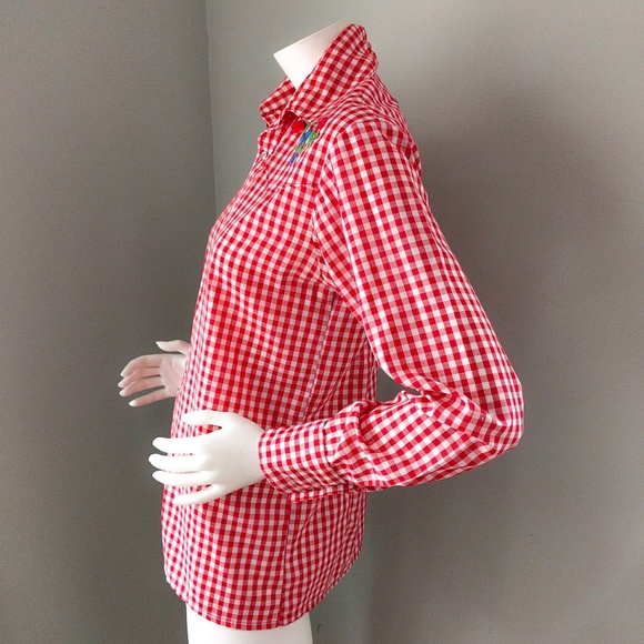 Vintage 1970s Handmade Red Gingham Floral Western Shirt S M v-day - Picture 4 of 6