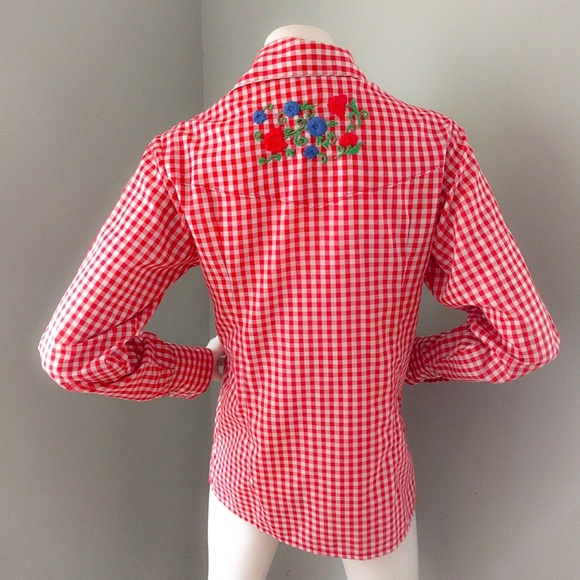 Vintage 1970s Handmade Red Gingham Floral Western Shirt S M v-day - Picture 5 of 6
