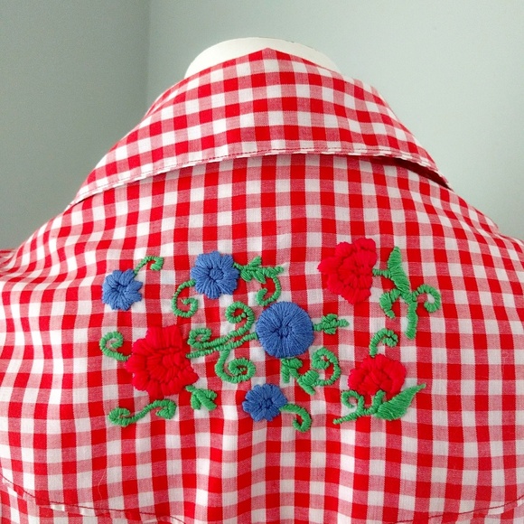 Vintage 1970s Handmade Red Gingham Floral Western Shirt S M v-day - Picture 6 of 6