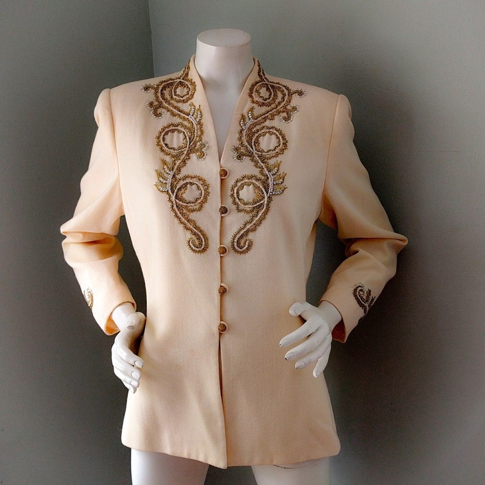 Vintage 1990s Lillie Rubin Ivory Gold Beaded Wedding Blazer Jacket M - Picture 1 of 7