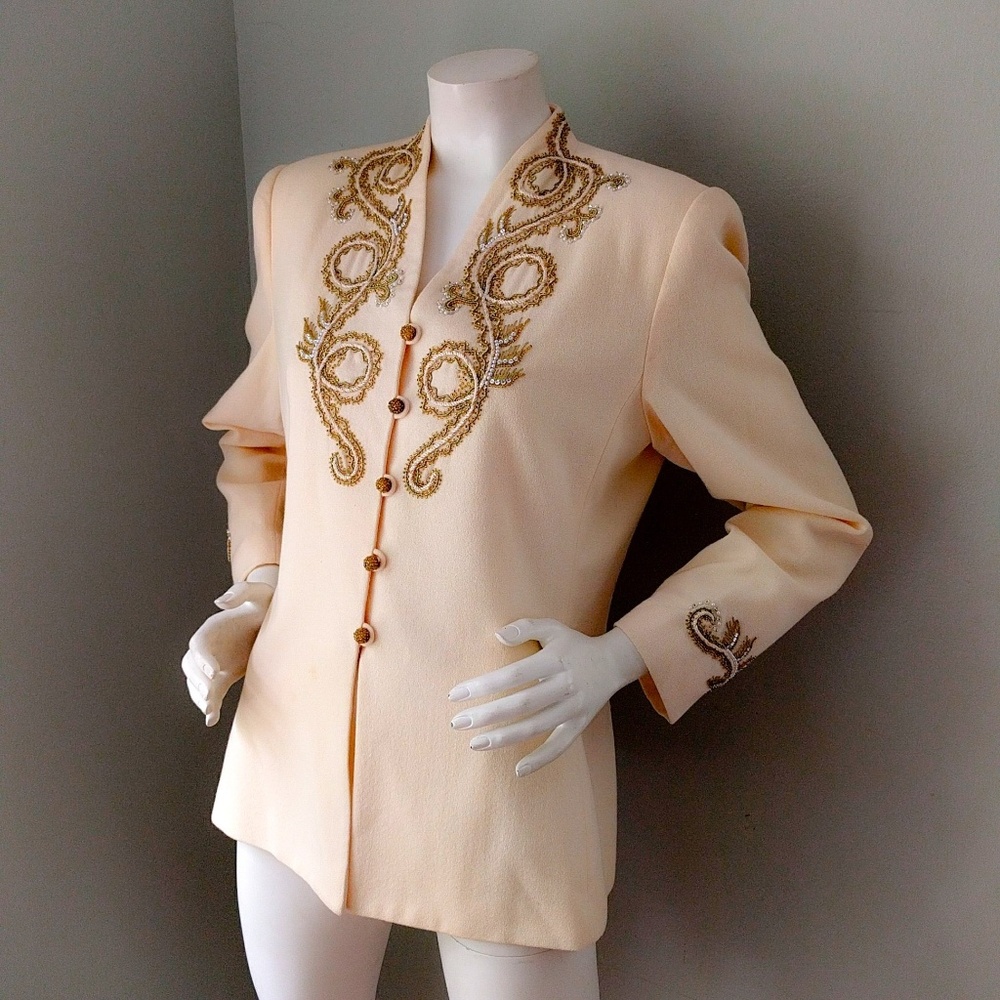Vintage 1990s Lillie Rubin Ivory Gold Beaded Wedding Blazer Jacket M - Picture 2 of 7