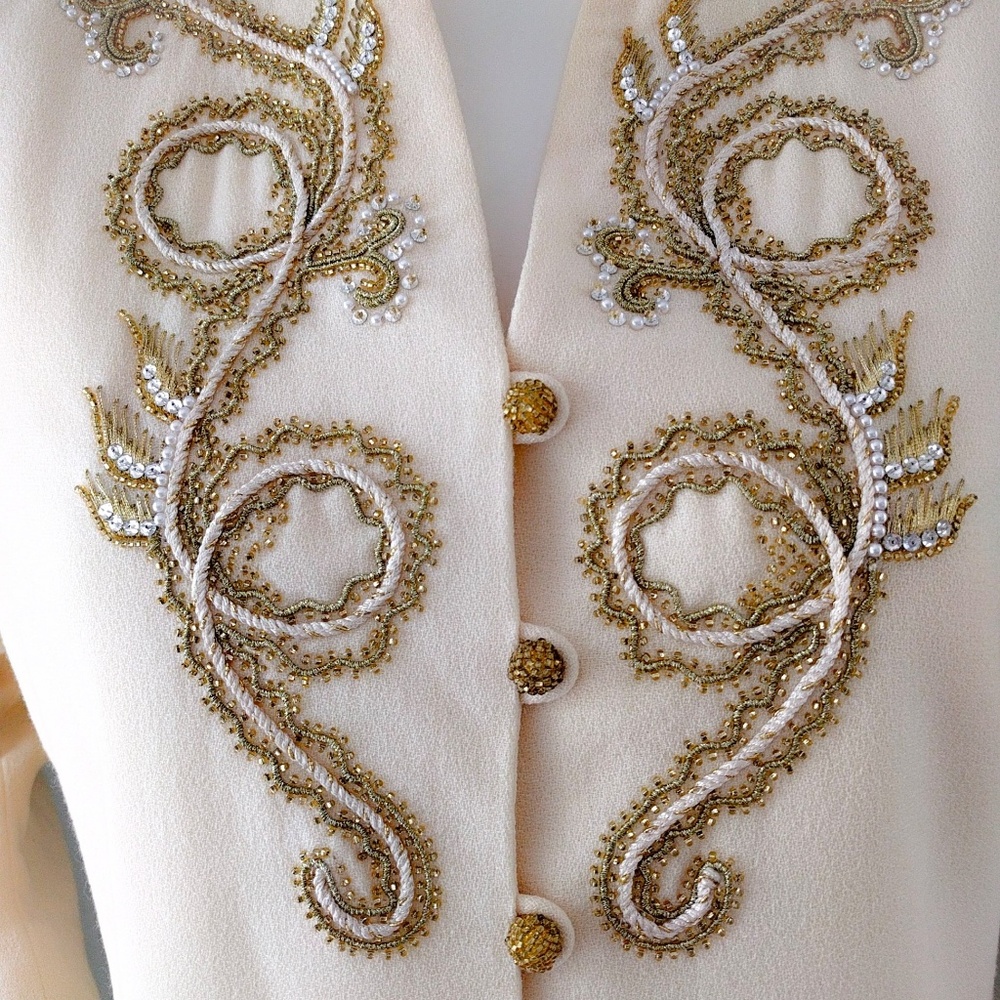 Vintage 1990s Lillie Rubin Ivory Gold Beaded Wedding Blazer Jacket M - Picture 3 of 7