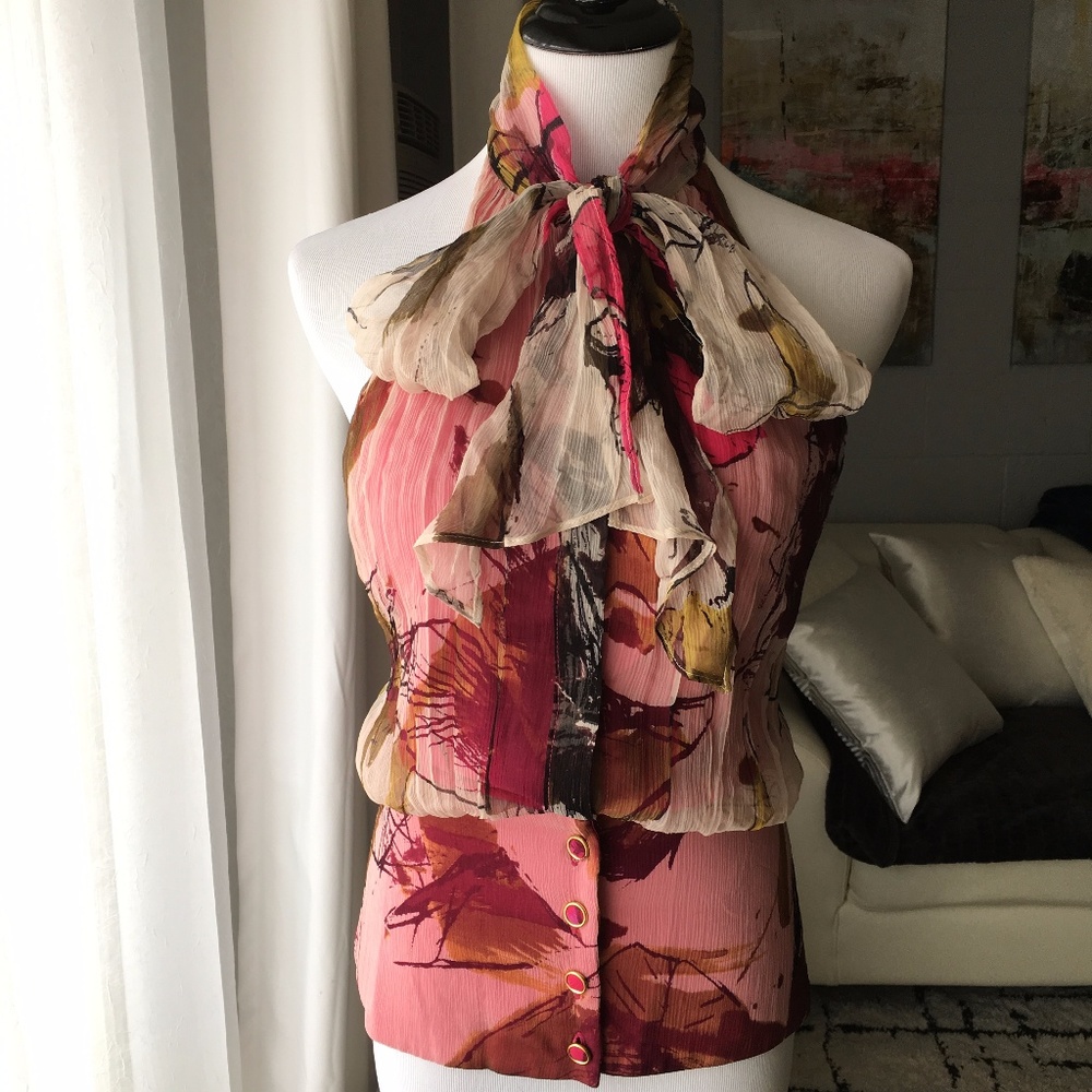 Black Halo Floral Silk Necktie Halter Top Blouse - Picture 2 of 6